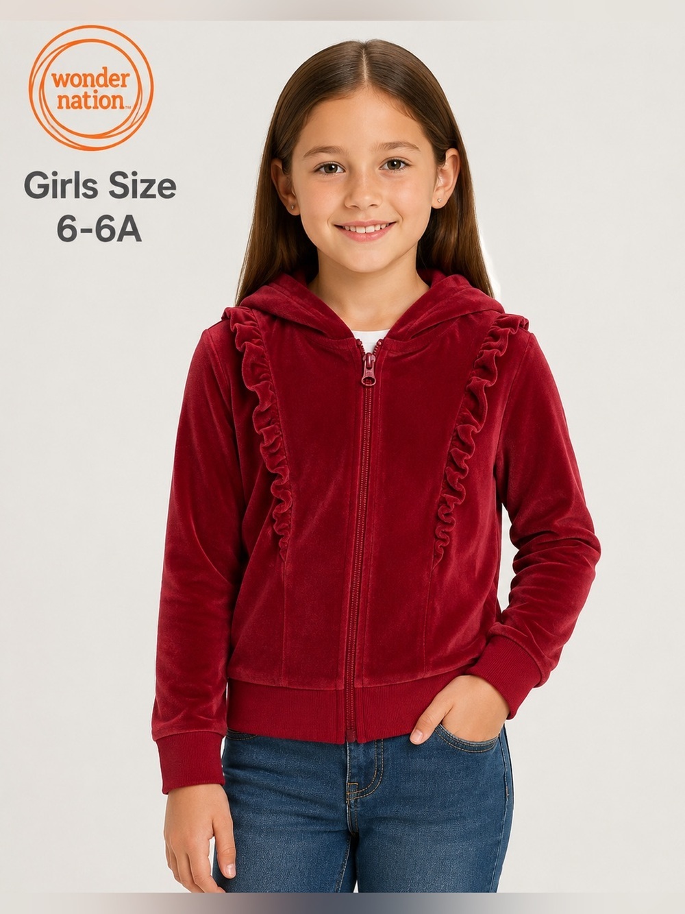 Wonder Nation Girls Red Velour Ruffle Zip-Up Hoodie - Size 6/6X